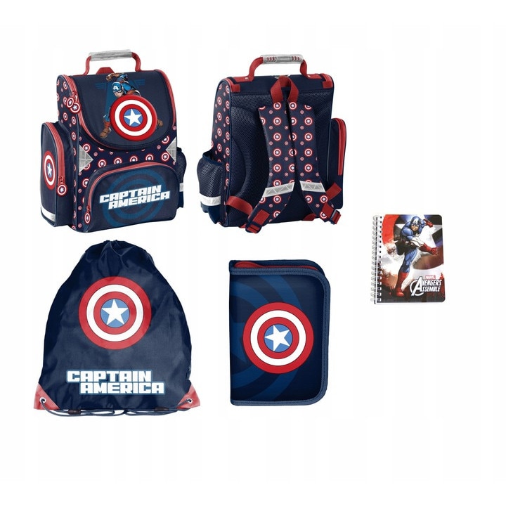 Set ghiozdan scoala captain america, penar, geanta pliabila incaltaminte, Caiet, multicolor