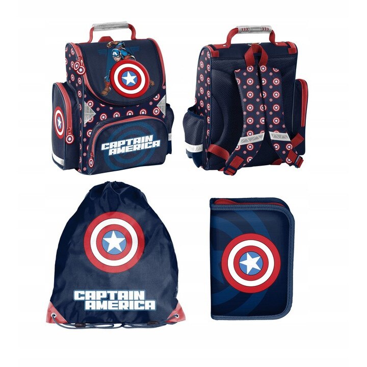 Set ghiozdan scoala kaptain america, penar, geanta pliabila incaltaminte, multicolor