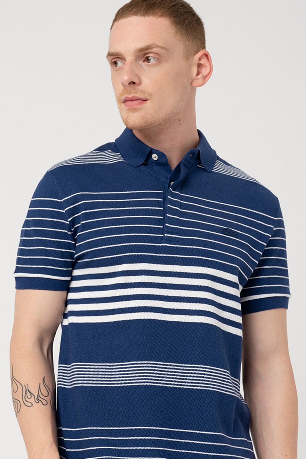 Lacoste, Tricou polo din amestec de in, Bleumarin/Alb, S