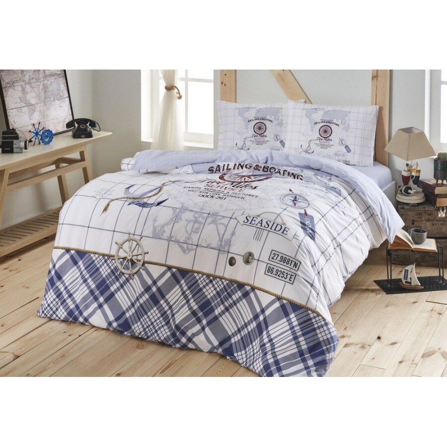 Lenjerie de pat cu elastic pentru saltea de 160x200cm, bumbac 100% ranforce, 4 piese, TAC, Sea Side