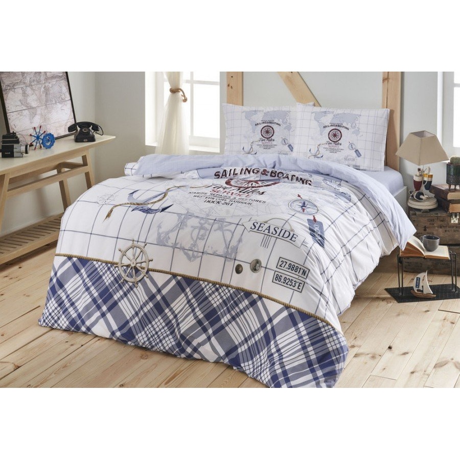 Lenjerie de pat 1 persoana,bumbac 100% ranforce, cearceaf elastic ptr saltea 100x200 cm, TAC, Sea Side