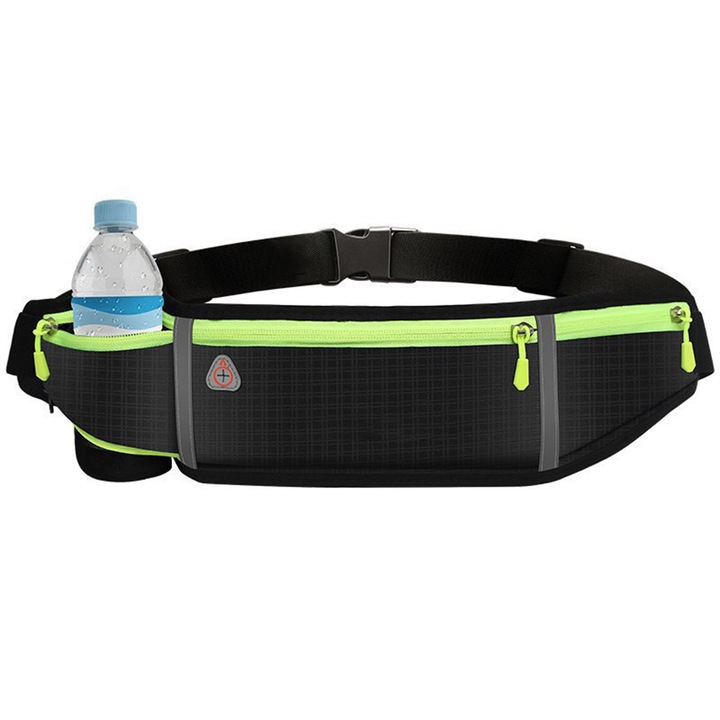 Колан за бягане/Спортна чанта Ultimate Running Belt, светлоотразителен, водоустойчив, отвор за слушалки, бутилка за вода/телефон/ключодържател, 4 джоба, черен