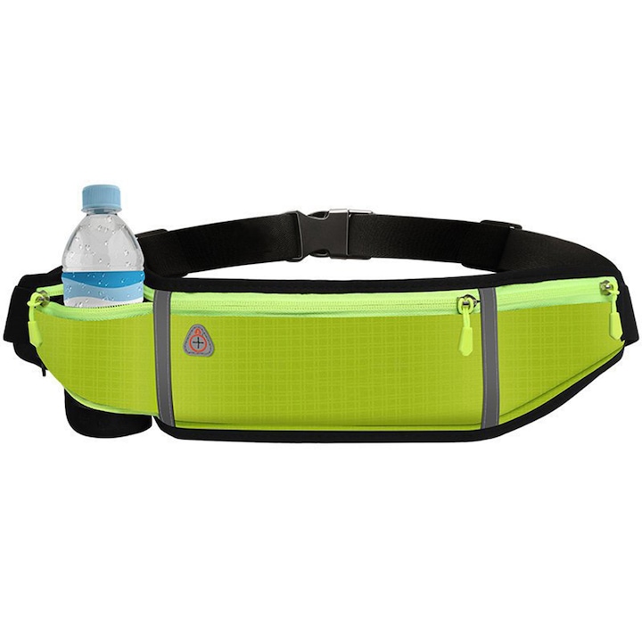 Колан за бягане / спортна чанта Ultimate Running Belt, отразяващ, водоустойчив, отвор за слушалки, бутилка за вода/телефон/ключодържател, 4 джоба, зелен