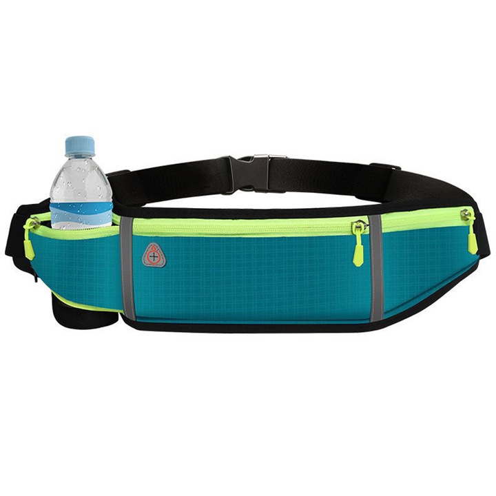 Колан за бягане / спортна чанта Ultimate Running Belt, отразяващ, водоустойчив, отвор за слушалки, бутилка за вода/телефон/ключодържател, 4 джоба, син