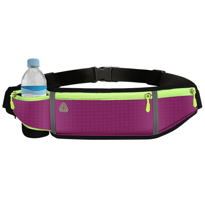 Колан за бягане / спортна чанта Ultimate Running Belt, отразяващ, водоустойчив, отвор за слушалки, бутилка за вода/телефон/ключодържател, 4 джоба, лилав