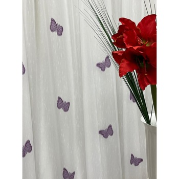 Perdea alba 500x245cm cu broderie de fluturi mov, cu rejansa by Liz Line - RD2065 Perdea alba 500x245cm cu broderie de fluturi mov, cu rejansa by Liz Line - RD2065