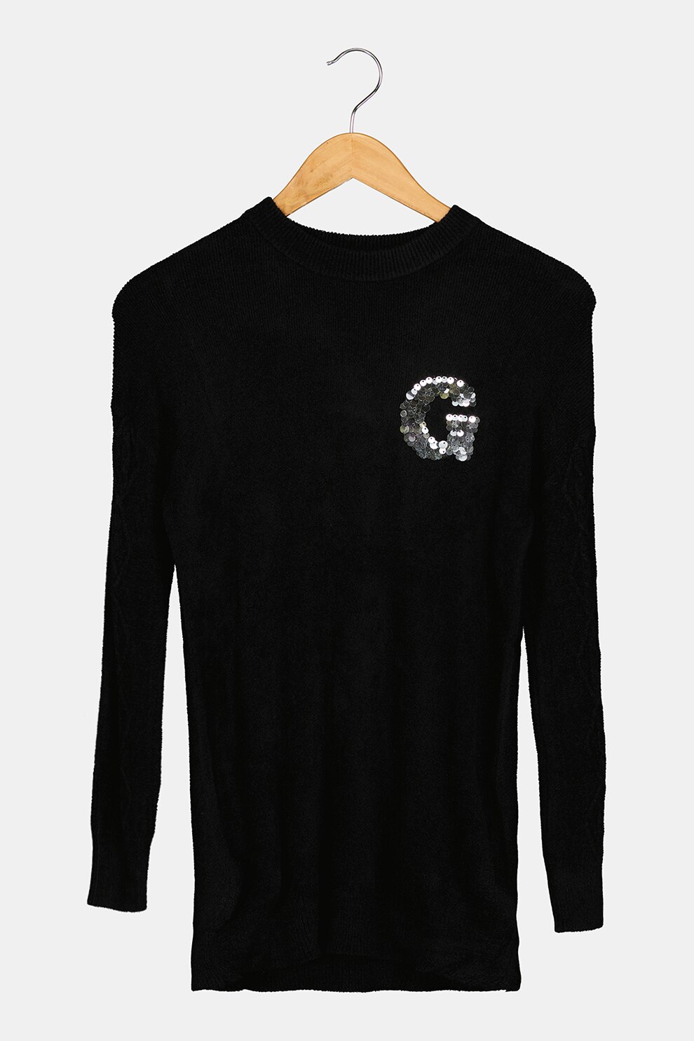 GUESS JEANS, Rochie-pulover cambrata cu logo pe piept, Negru/Argintiu