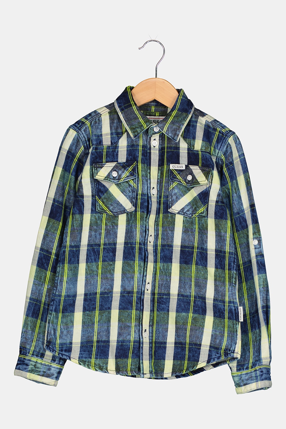 GUESS JEANS , Camasa de bumbac incarouri, Albastru inchis/Verde neon