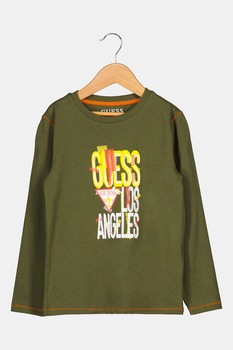 GUESS JEANS, Bluza cu decolteu la baza gatului si logo, Verde militar/Galben/Alb GUESS JEANS, Bluza cu decolteu la baza gatului si logo, Verde militar/Galben/Alb