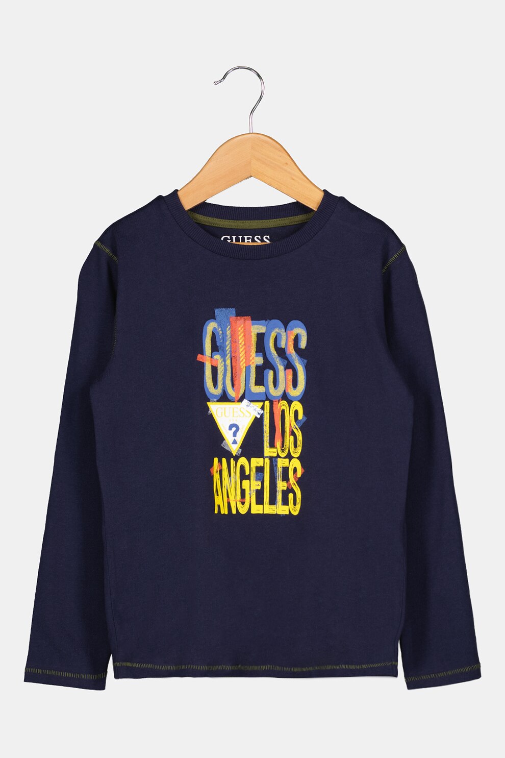 GUESS JEANS, Bluza cu decolteu la baza gatului si logo, Bleumarin/Galben