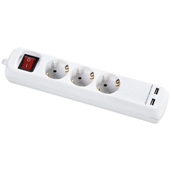 Prelungitor Bachmann Selly, cu intrerupator, protectie copii, 2xUSB 2100mA, 3 prize, cablu H05VV-F 3G1.5mm, 3m, Alb Prelungitor Bachmann Selly, cu intrerupator, protectie copii, 2xUSB 2100mA, 3 prize, cablu H05VV-F 3G1.5mm, 3m, Alb