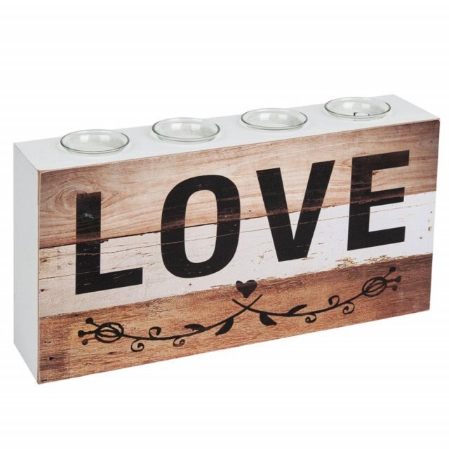 Suport de lumanare din lemn cu 4 locuri, model Love, 40 x 20 cm