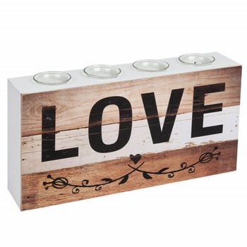 Suport de lumanare din lemn cu 4 locuri, model Love, 40 x 20 cm Suport de lumanare din lemn cu 4 locuri, model Love, 40 x 20 cm