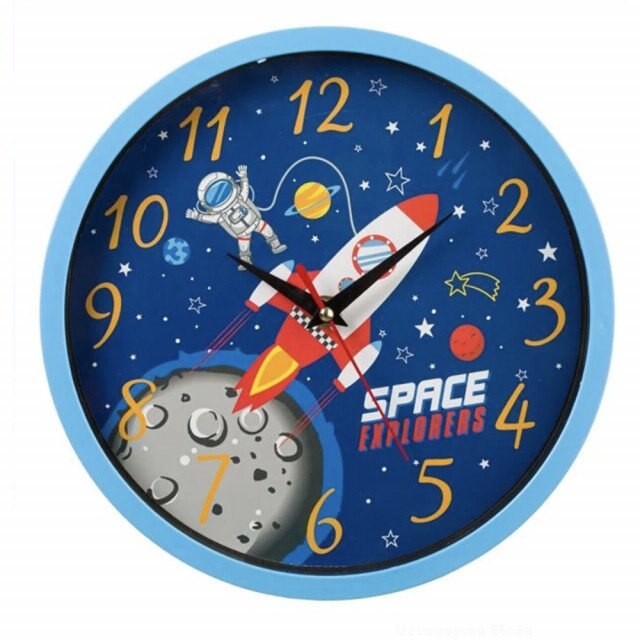 Ceas de perete pentru copii, model Astronautul in spatiu, 25 cm, Pufo, albastru