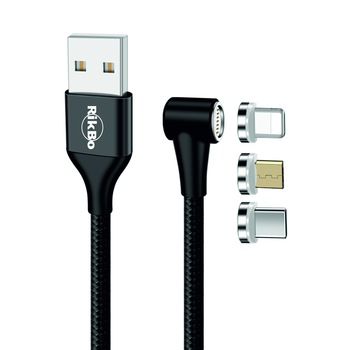 Cablu incarcator Fast Charge 3A,7 pini, Magnetic 3 in 1, rotatie 360 grade, Lightning, Type-C , Micro-USB RikBo® compatibil Iphone Android, Indicator LED, transfer de date, Lungime 1 metru, Negru Cablu incarcator Fast Charge 3A,7 pini, Magnetic 3 in 1, rotatie 360 grade, Lightning, Type-C , Micro-USB RikBo® compatibil Iphone Android, Indicator LED, transfer de date, Lungime 1 metru, Negru