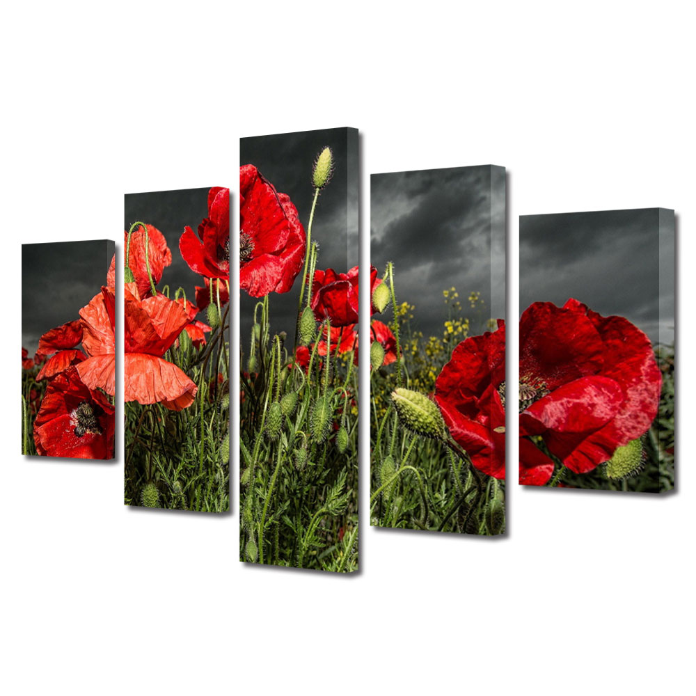 Set Tablouri Multicanvas 5 Piese Flori, Maci inainte de furtuna, 70 x 125 cm