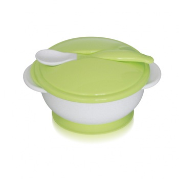 Set castron cu ventuza, capac si lingurita, Lorelli, Green Set castron cu ventuza, capac si lingurita, Lorelli, Green