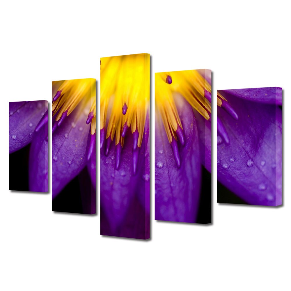 Tablou Multicanvas 5 Piese Flori, Petale violet si galbene, 110 x 200 cm