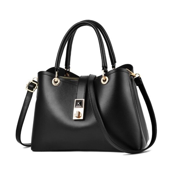 Set Geanta de piele cu bareta pentru umar si portofel, Charon Flainey, Negru