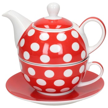 Ceainic cu farfurie Orion, Model buline, Ceramica, Rosu/Alb, 0.4 l Ceainic cu farfurie Orion, Model buline, Ceramica, Rosu/Alb, 0.4 l
