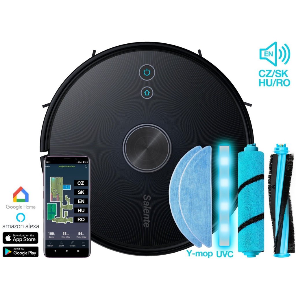 Aspirator robot SALENTE L7 3v1 - 50 W, Vorbeste limba Romana, Modul de sterilizare UVC, Navigatie LiDAR, 5200 mAH, autonomie 4h, 3000 pa, Modul de stergere Y-mop, WiFi, Negru