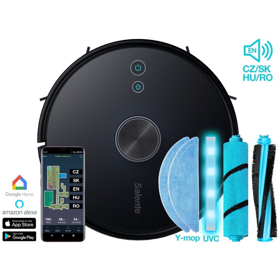 Aspirator robot SALENTE L7 3v1 - 50 W, Vorbeste limba Romana, Modul de sterilizare UVC, Navigatie LiDAR, 5200 mAH, autonomie 4h, 3000 pa, Modul de stergere Y-mop, WiFi, Negru