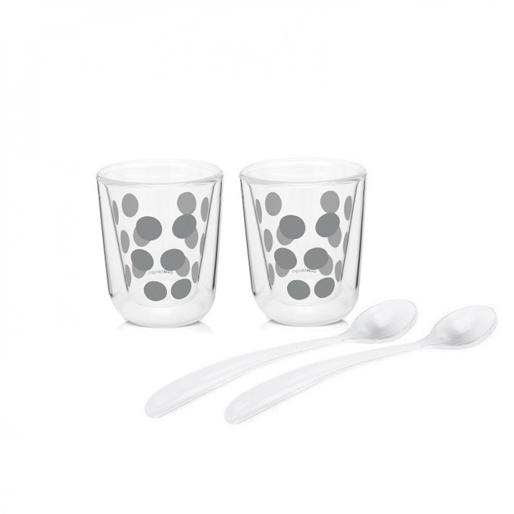 Set 2 pahare termice cu lingurite Zak! designs, Model buline, Transparent/Gri, 2x75 ml