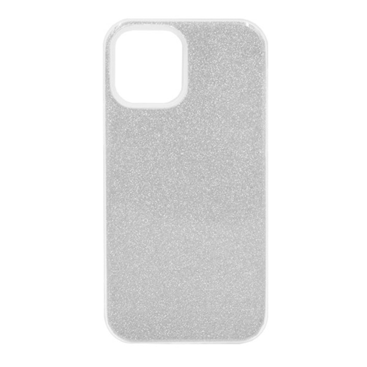 Szilikon hátlapvédő telefontok (műanyag belső, csillogó hátlap, logó kivágás), Ezüst [Apple iPhone 12 Pro, Apple iPhone 12]