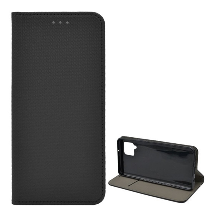 Telefontok álló, bőr hatású (Flip, oldalra nyíló, asztali tartó funkció, rombusz minta), Fekete [Samsung Galaxy A42 5G (SM-A425F)]