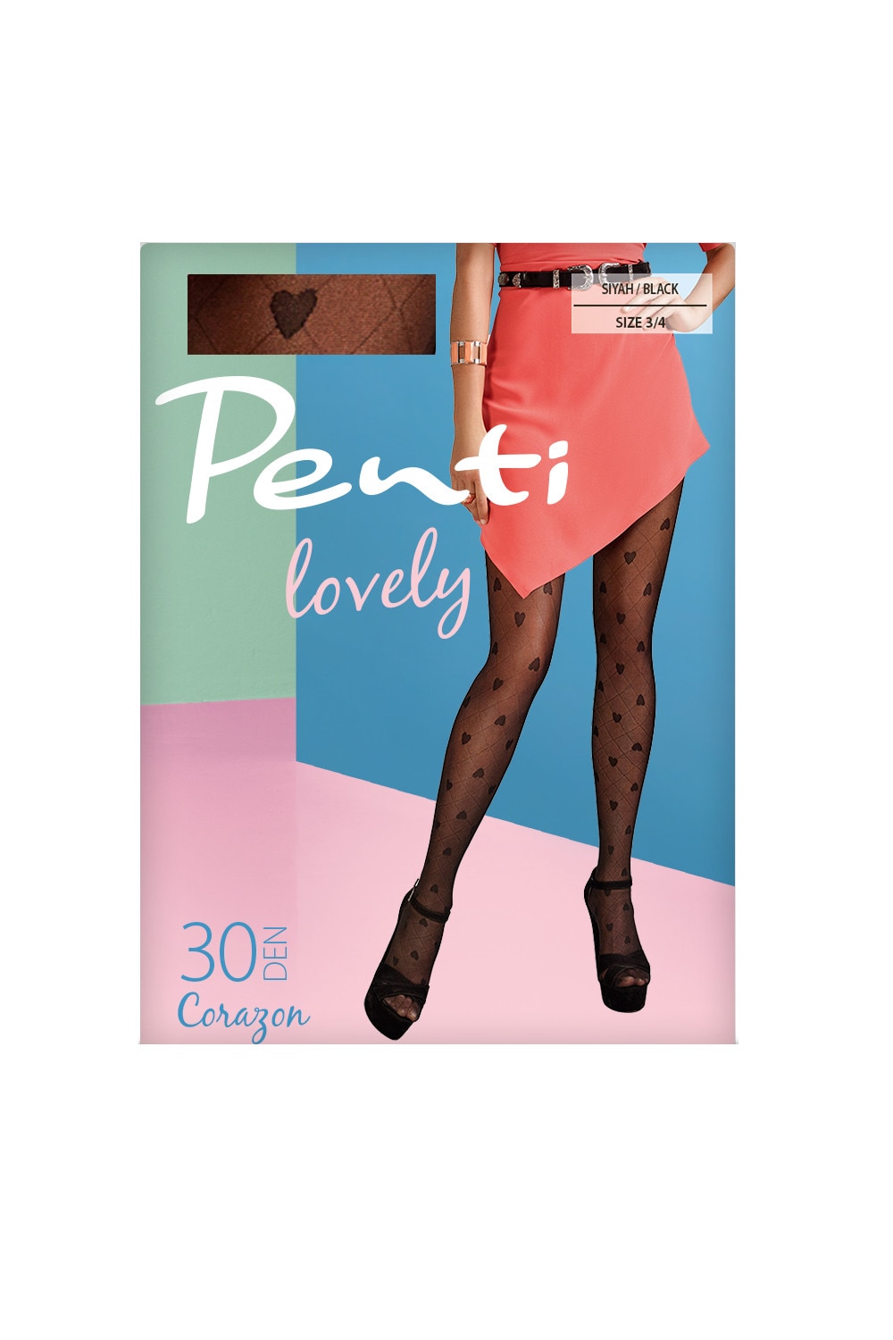 Dres dama Corazon, Penti, cu inimi integrate in romburi, 30 DEN, negru, marimea 3-4