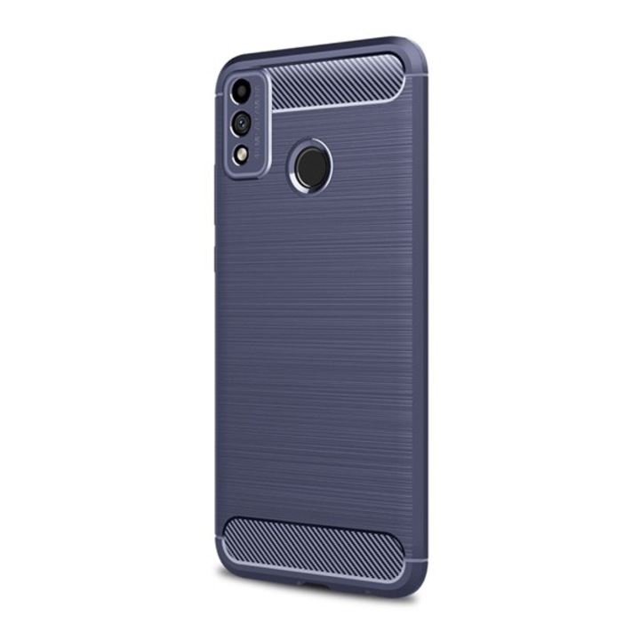Husa telefon, Compatibila cu Honor 9X Lite, rezistenta medie la impact, colt cu perna de aer, model carbon, albastru inchis