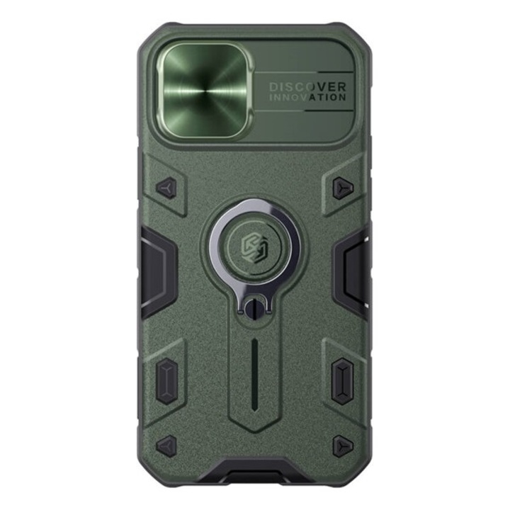 Nillkin camshield armor defender szilikon mobiltelefon tok, ütésállóság, tartógyűrű, sötétzöld, kompatibilis: Apple iPhone 12 Pro / iPhone 12