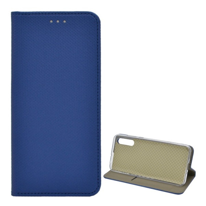 Telefontok álló, bőr hatású (FLIP, oldalra nyíló, asztali tartó funkció, rombusz minta), Sötétkék [Huawei Y8p]