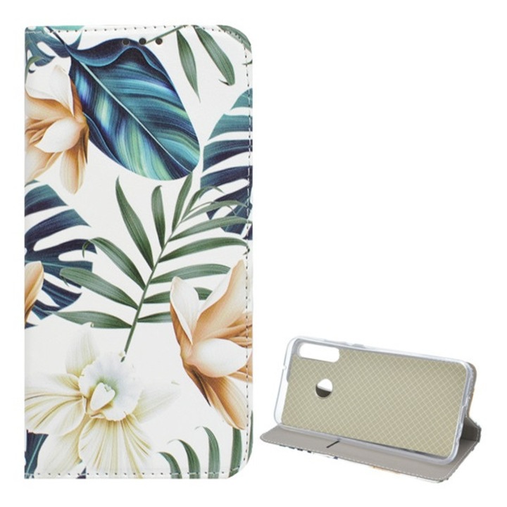 Telefontok álló, bőr hatású (FLIP, oldalra nyíló, asztali tartó funkció, színes virág minta), Fehér [Huawei P40 Lite E / Y7p]