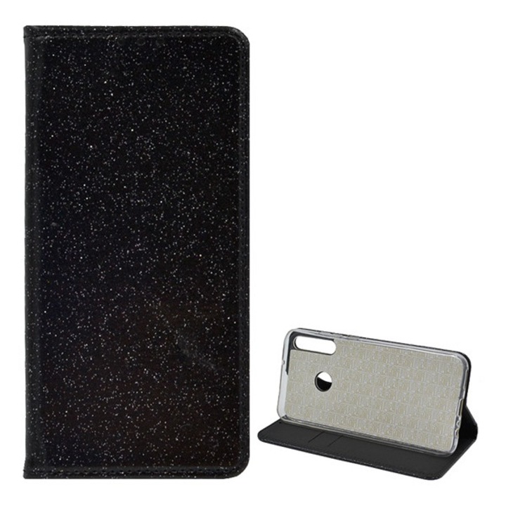 Telefontok álló, bőr hatású (FLIP, szilikon belső, oldalra nyíló, asztali tartó funkció, bankkártya tartó, csillogó), Fekete [Huawei P40 Lite E / Y7p]