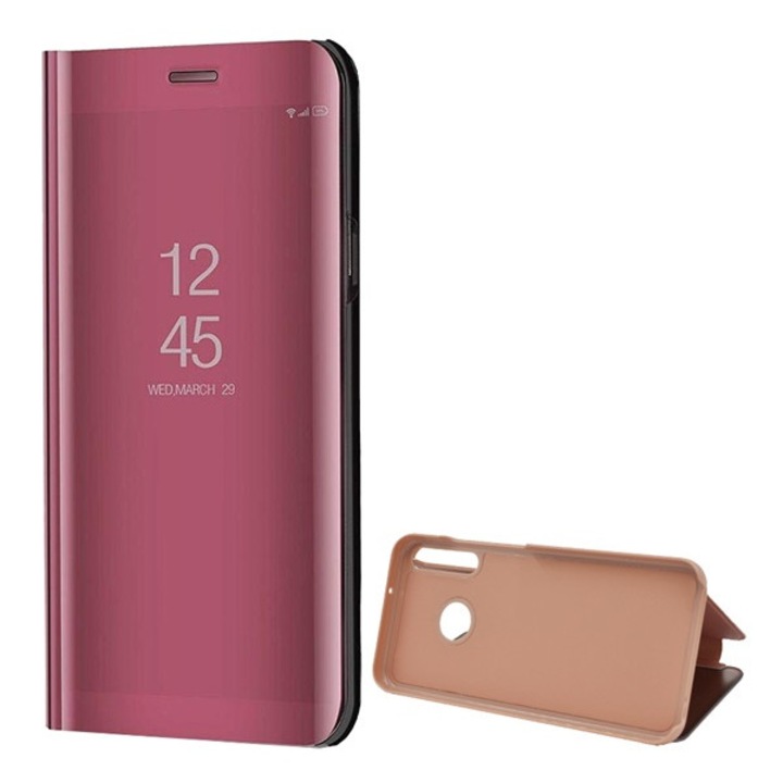 Telefontok álló (aktív flip, oldalra nyíló, asztali tartó funkció, tükrös felület, Mirror View Case), Rosegold [Huawei P40 Lite E / Y7p]