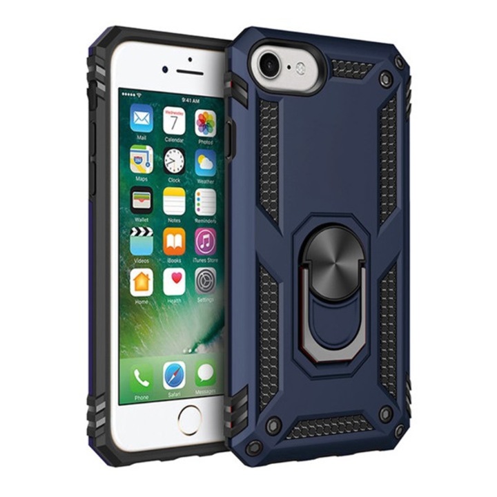 Defender műanyag hátlapvédő telefontok (közepesen ütésálló, szilikon belső, telefontartó gyűrű, beépített fémlemez), Sötétkék [Apple iPhone 7 4.7, Apple iPhone 8 4.7, Apple iPhone SE (2020)]