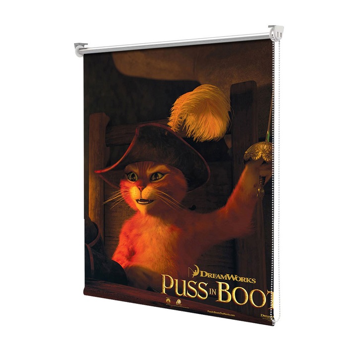 Roleta Art Shade tip Jaluzea cu Rulou si sistem inclus, Art Star, Shrek Puss in Buts la masa, Animatii, Decoratiuni, Latime 75 cm x Inaltime 130 cm