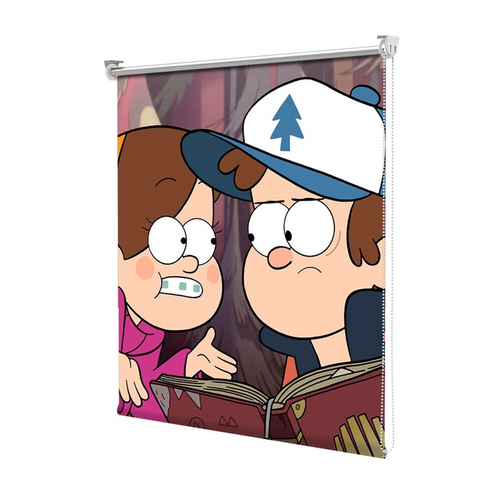 Roleta Art Shade tip Jaluzea cu Rulou si sistem inclus, Art Star, Gravity Falls Mabel si Dipper intrebari si raspunsuri din carte, Animatii, Decoratiuni, Latime 95 cm x Inaltime 130 cm