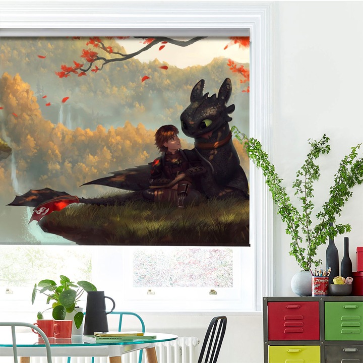 Roleta Art Shade tip Jaluzea cu Rulou si sistem inclus, Art Star, How to train your dragon Toothles si Hiccup la umbra copacului, Animatii, Decoratiuni, Latime 50 cm x Inaltime 250 cm