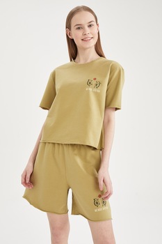 DeFacto, Pantaloni scurti de pijama din bumbac cu imprimeu, Galben pai DeFacto, Pantaloni scurti de pijama din bumbac cu imprimeu, Galben pai