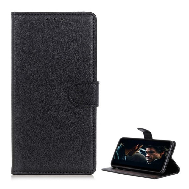 Telefontok álló, bőr hatású (flip, oldalra nyíló, asztali tartó funkció, prémium) Fekete [Huawei P40 Lite E / Y7p]