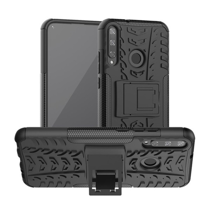 Defender műanyag hátlapvédő telefontok (közepesen ütésálló, szilikon belső, kitámasztó, autógumi minta) Fekete [Huawei P40 Lite E / Y7p]