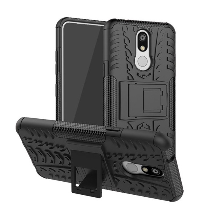 Defender műanyag Hátlapvédő telefontok (közepesen ütésálló, gumi / szilikon belső, kitámasztó, autógumi minta) Fekete [LG K40 LMX420 (K12+ Plus)]
