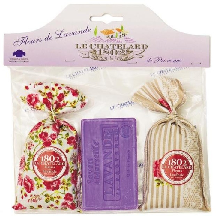Set Cadou Sapun Natural Marsilia 100g Lavanda si 2 Saculeti Flori Lavanda Naturala de Provence 18g Le Chatelard 1802