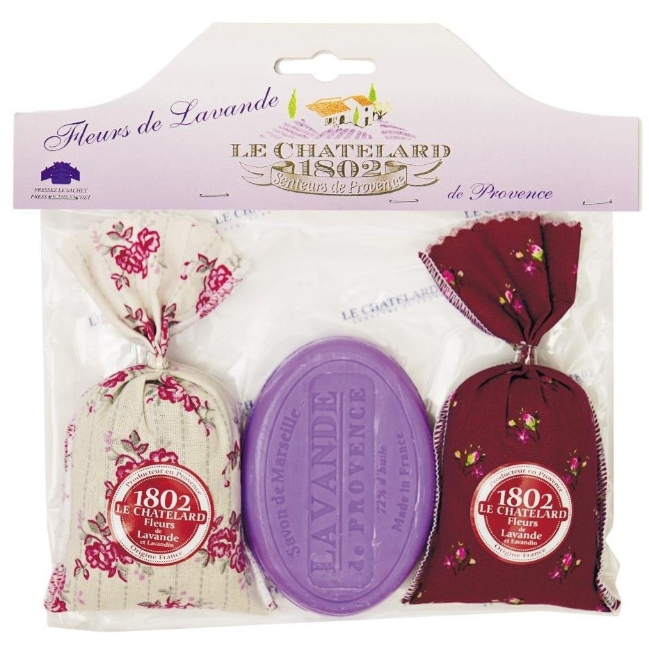 Set Cadou Sapun Natural Marsilia 100g Lavanda si 2 Saculeti Flori Lavanda Naturala de Provence 18g Le Chatelard 1802