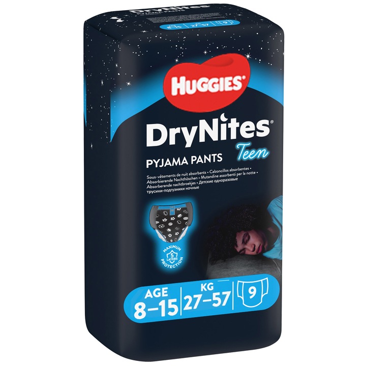 Scutece chilotel pentru noapte Huggies DryNites 8-15 yrs, Boy, 27-57kg, 9 buc
