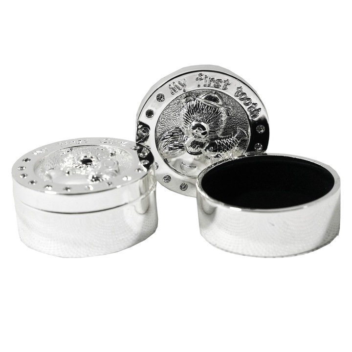 Set cadou botez, cutie rotunda mot si dinte, argintat