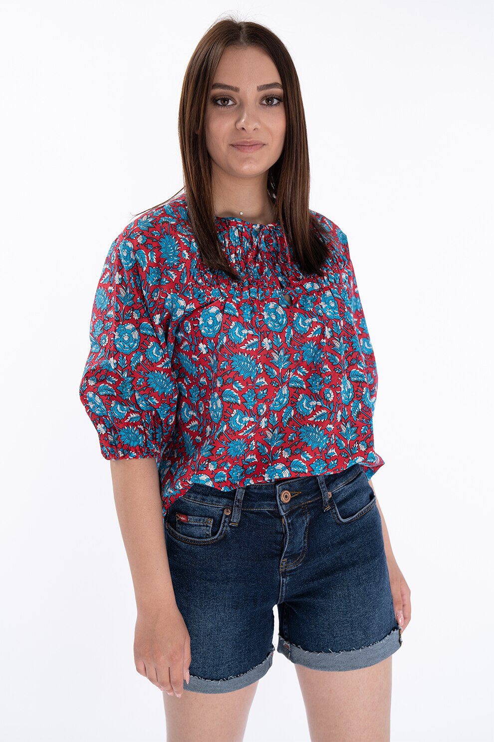 Lee Cooper, Bluza cu maneci bufante si imprimeu, Rosu/Albastru