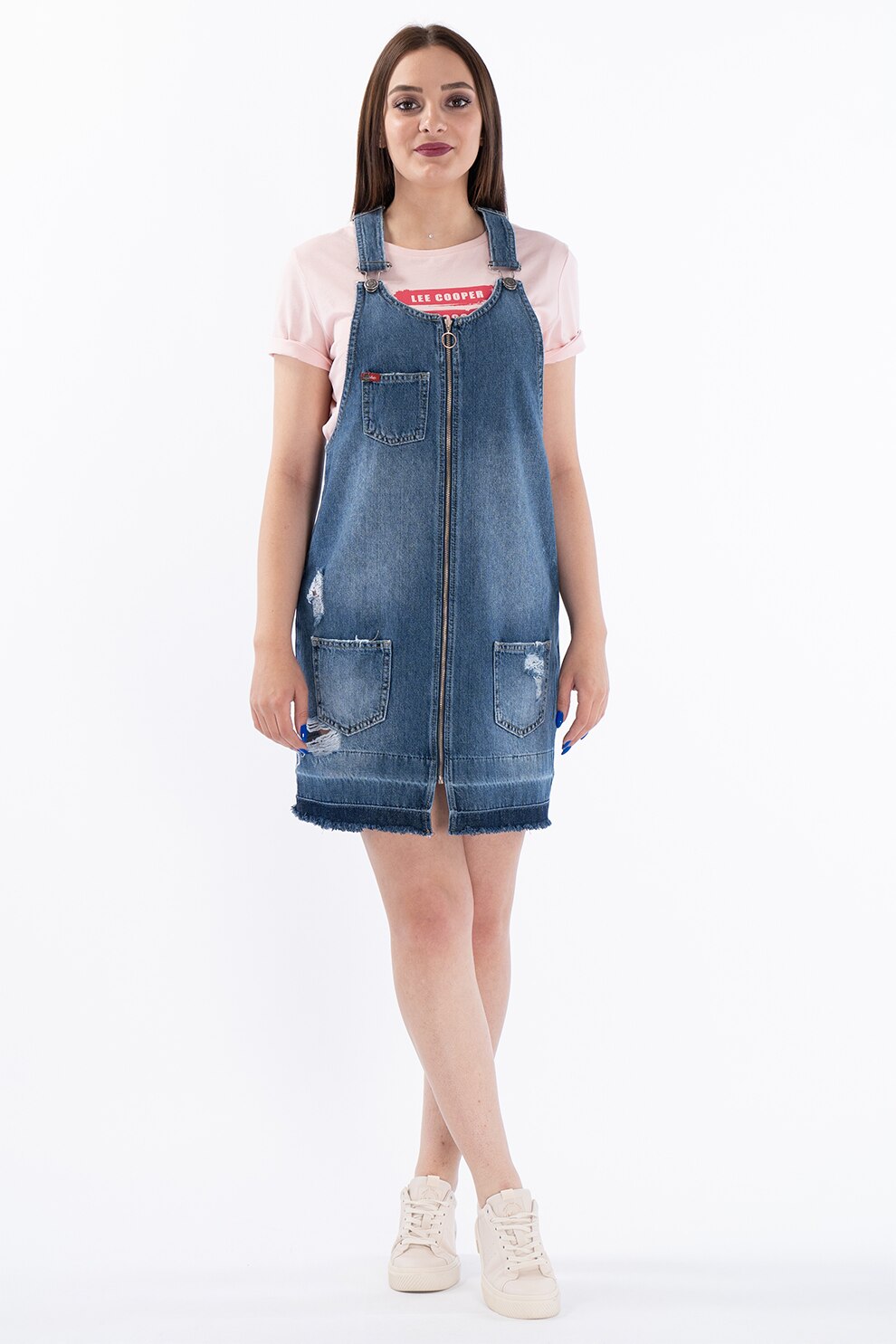 Lee Cooper, Sarafan de denim cu detalii cu aspect deteriorat, Albastru, XS